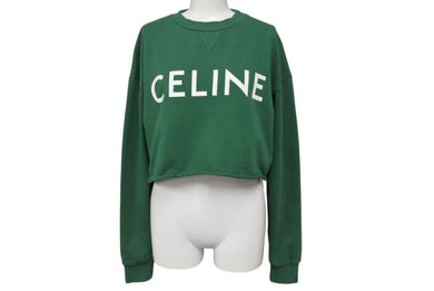 極美品 CELINE セリーヌ クロップドスウェット トレーナー ロゴ 2Y796670Q コットン グリーン ホワイト サイズXS 中古 4b001955