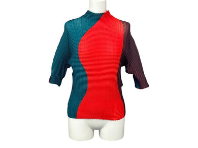 極美品 ISSEY MIYAKE イッセイミヤケ シェイプドプリーツシャツ IM31FJ638 レッド ブルー ポリエステル サイズ2 中古 4b002204