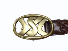 画像をギャラリービューアに読み込む, YVES SAINT LAURENT イヴサンローラン YSL ロゴ バックル ベルト ブラウン レザー メッシュ 141516 ゴールド金具 小物 美品 中古 4b002234