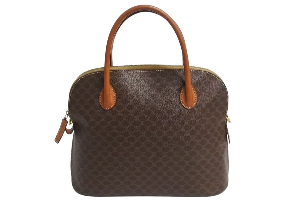 CELINE セリーヌ マカダム柄 ハンドバッグ ロゴ ゴールド金具 PVC レザー ブラウン 茶色 手持ち 鞄 美品 中古 4b002261