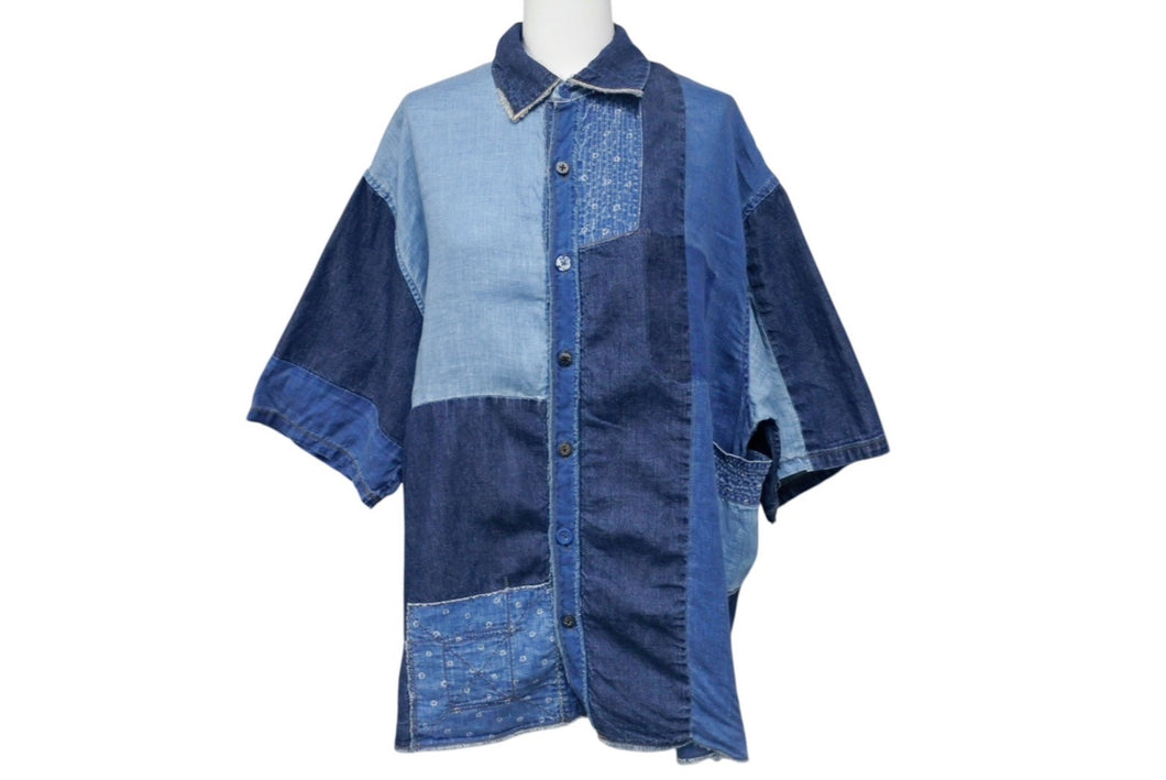KAPITAL キャピタル パッチワーク デニム 半袖シャツ Patchwork Kathmandu Shirt ブルー コットン サイズ3 中古 4b002290