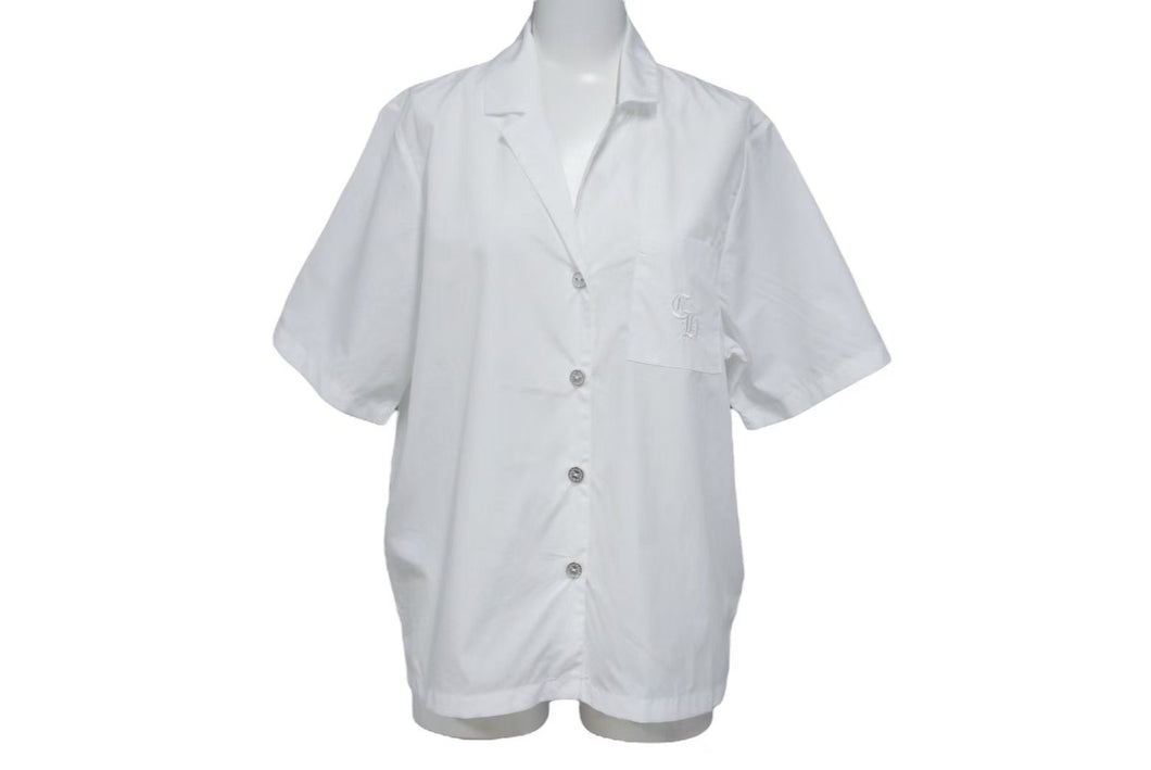 新品未使用 CHROME HEARTS クロムハーツ オープンカラーシャツ 開襟シャツ サイズS CH刺繍 ロゴボタン ホワイト 中古 4b002301