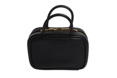 極美品 MIU MIU ミュウミュウ ボー レザー マイクロバッグ ハンドバッグ 5NR036 カーフ ブラック ゴールド金具 中古 4b002342