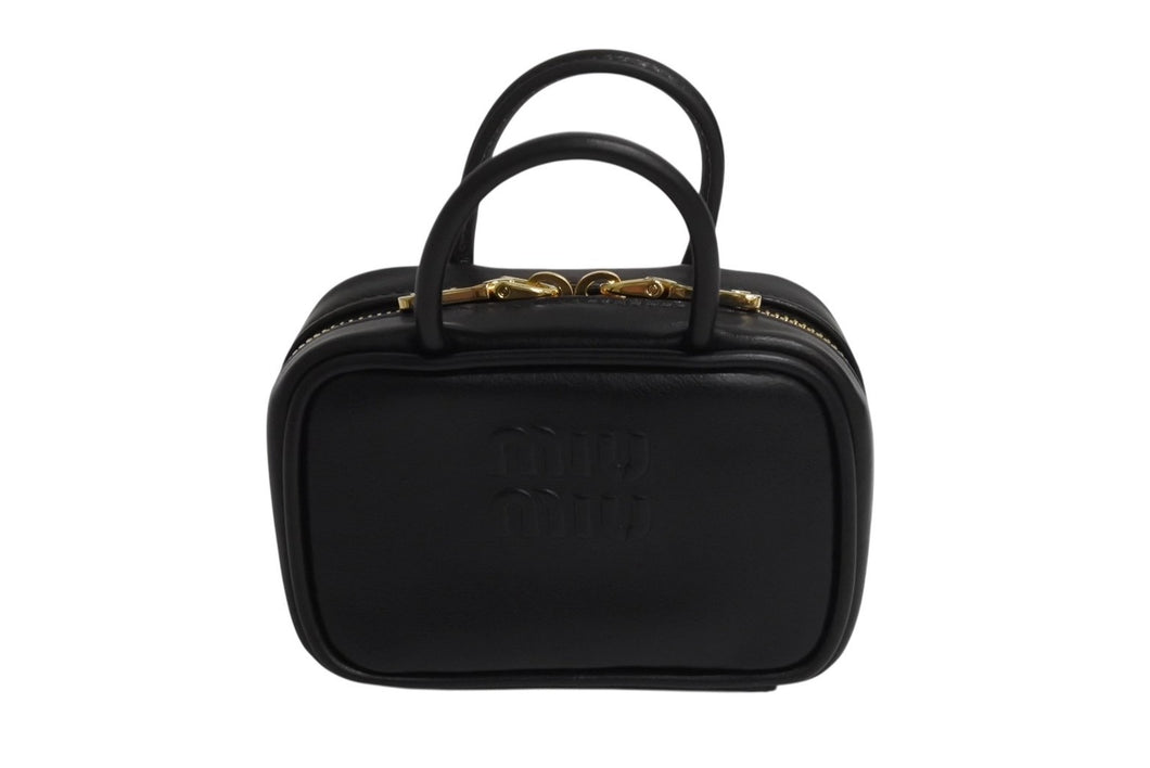 極美品 MIU MIU ミュウミュウ ボー レザー マイクロバッグ ハンドバッグ 5NR036 カーフ ブラック ゴールド金具 中古 4b002342