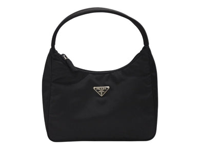 極美品 PRADA プラダ ホーボー ハンドバッグ ワンショルダーバッグ 三角ロゴプレート MV519 ブラック ナイロン 中古 4b007728