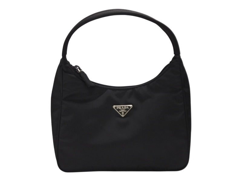 極美品 PRADA プラダ ホーボー ハンドバッグ ワンショルダーバッグ 三角ロゴプレート MV519 ブラック ナイロン 中古 4b007728