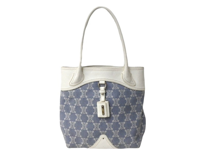 CELINE セリーヌ マカダム トートバッグ ハンドバッグ SC-ST-1026 デニム レザー ネイビー ホワイト シルバー金具 美品 中古 4b002860