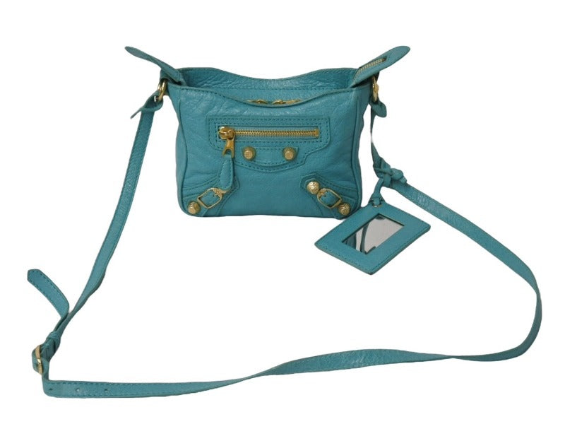 BALENCIAGA バレンシアガ ショルダーバッグ ザシティ ミニ 319722-4605 ブルー ミント レザー 美品 中古 4b002866