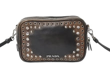 画像をギャラリービューアに読み込む, PRADA プラダ ビジュー ロゴ レザー ミニ ショルダーバッグ ブラウン ハトメ ラインストーン スタッズ シルバー金具 美品 中古 4b002867