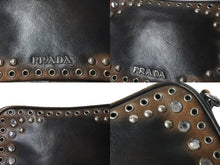 画像をギャラリービューアに読み込む, PRADA プラダ ビジュー ロゴ レザー ミニ ショルダーバッグ ブラウン ハトメ ラインストーン スタッズ シルバー金具 美品 中古 4b002867