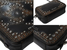 画像をギャラリービューアに読み込む, PRADA プラダ ビジュー ロゴ レザー ミニ ショルダーバッグ ブラウン ハトメ ラインストーン スタッズ シルバー金具 美品 中古 4b002867