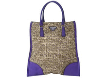 画像をギャラリービューアに読み込む, 極美品 PRADA プラダ ツイード レザー ハンドバッグ ベージュ パープル トライアングルロゴ 手持ち 鞄 B11263 シルバー金具 中古 4b002883