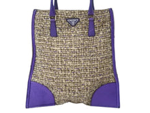 画像をギャラリービューアに読み込む, 極美品 PRADA プラダ ツイード レザー ハンドバッグ ベージュ パープル トライアングルロゴ 手持ち 鞄 B11263 シルバー金具 中古 4b002883