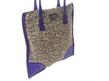 画像をギャラリービューアに読み込む, 極美品 PRADA プラダ ツイード レザー ハンドバッグ ベージュ パープル トライアングルロゴ 手持ち 鞄 B11263 シルバー金具 中古 4b002883