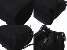 画像をギャラリービューアに読み込む, PRADA プラダ スタッズ 巾着 ショルダーバッグ 1BH038 イタリア製 ナイロン レザー ブラック レッド シルバー金具 美品 中古 4b002886