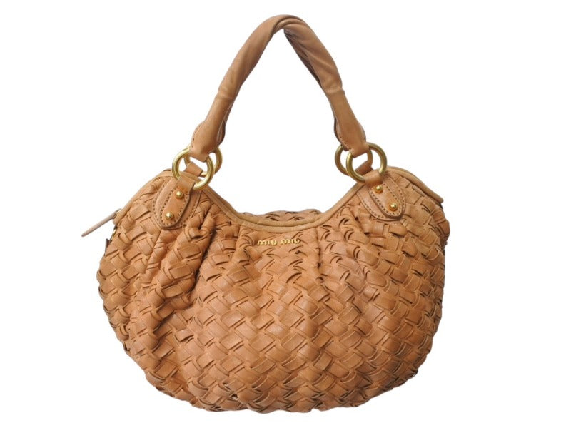 MIUMIU ミュウミュウ ショルダーバッグ ハンドバッグ イントレチャート 編み込み ブラウン レザー ゴールド金具 良品 中古 4b002910