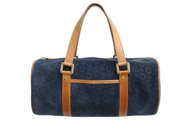 CELINE セリーヌ ハンドバッグ Cマカダム ロゴ金具 筒型 CE00/12 レザー スエード ネイビー ブラウン ゴールド金具 美品 中古 4b002977
