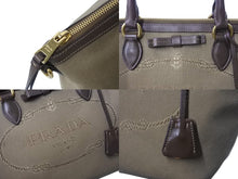 画像をギャラリービューアに読み込む, PRADA プラダ ロゴジャガード トートバッグ ハンドバッグ 1BA104 トライアングルロゴ カーキベージュ ブラック 美品 中古 4b002984