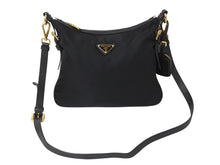画像をギャラリービューアに読み込む, PRADA プラダ ショルダーバッグ トライアングルロゴ ナイロン レザー ブラック ゴールド金具 美品 中古 4b002985