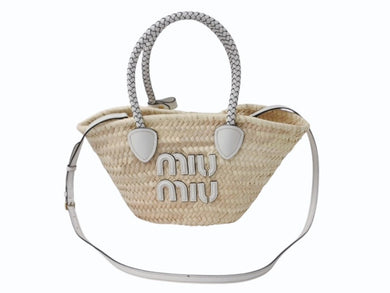 極美品 MIUMIU ミュウミュウ かごバッグ 2WAYバッグ 5BG273 ラフィア レザー ロゴパッチ ベージュ ホワイト ゴールド金具 中古 4b003240