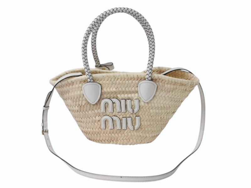 極美品 MIUMIU ミュウミュウ かごバッグ 2WAYバッグ 5BG273 ラフィア レザー ロゴパッチ ベージュ ホワイト ゴールド金具 中古 4b003240