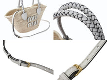 画像をギャラリービューアに読み込む, 極美品 MIUMIU ミュウミュウ かごバッグ 2WAYバッグ 5BG273 ラフィア レザー ロゴパッチ ベージュ ホワイト ゴールド金具 中古 4b003240