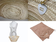 画像をギャラリービューアに読み込む, 極美品 MIUMIU ミュウミュウ かごバッグ 2WAYバッグ 5BG273 ラフィア レザー ロゴパッチ ベージュ ホワイト ゴールド金具 中古 4b003240