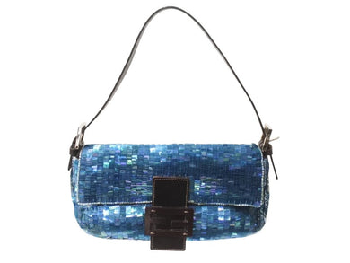 FENDI フェンディ マンマバケット ワンショルダーバッグ 26424 スパンコール ビーズ ブルー シルバー金具 美品 中古 4b003243