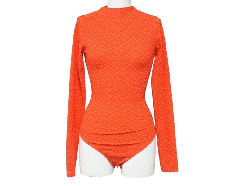 極美品 FENDI フェンディ × SKIMS スキムス 長袖ボディスーツ FXF600 サイズXS モックネック キムカーダシアン レッド 総柄 中古 4b003307