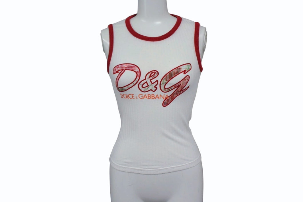 DOLCE&GABBANA ドルチェ＆ガッバーナ タンクトップ ノースリーブ ブランドロゴ コットン ホワイト レッド サイズ26/40 美品 中古 4b003363