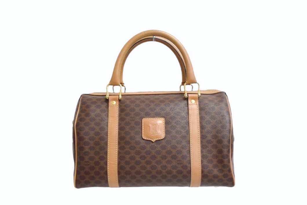 CELINE セリーヌ マカダム柄 ハンドバッグ ベージュ ブラウン PVC レザー ミニボストン ロゴ 鞄 ゴールド金具 美品 中古 4b003405