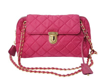 画像をギャラリービューアに読み込む, PRADA プラダ キルティング チェーンショルダーバッグ 斜め掛けバッグ ナイロン ピンク ゴールド金具 美品 中古 4b003419