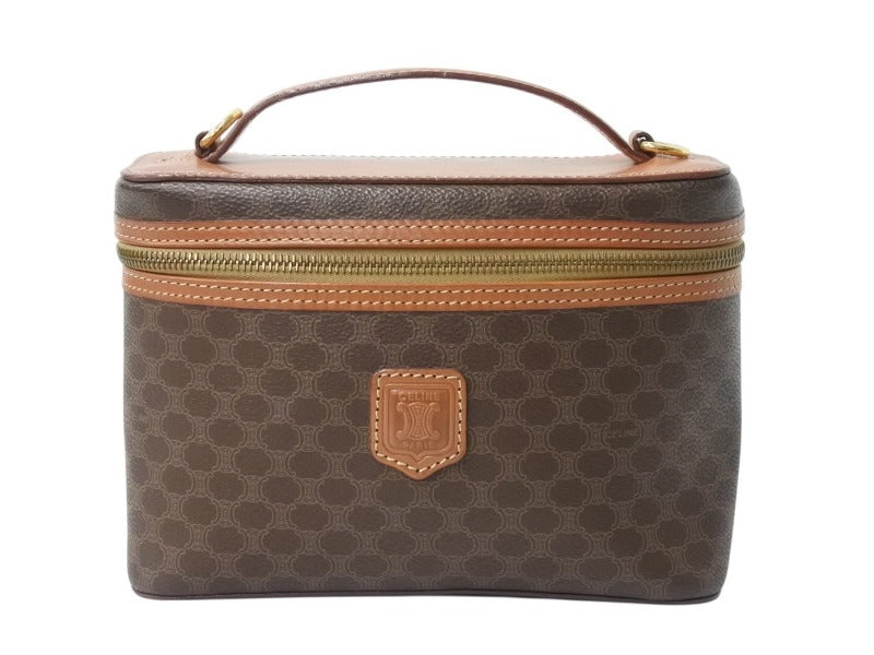 CELINE セリーヌ マカダム柄 ハンドバッグ バニティバック 化粧ポーチ PVC レザー DM95 ブラウン ゴールド金具 美品 中古 4b003433