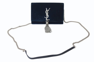 SAINT LAURENT サンローラン ケイト タッセル ベルベット チェーンウォレット 491521 ショルダーバッグ ラインストーン カサンドラロゴ グリーン 美品 中古 4b003446