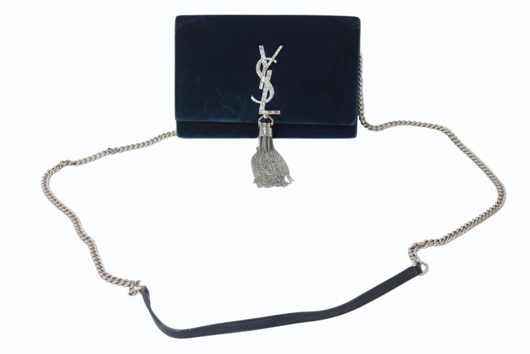 SAINT LAURENT サンローラン ケイト タッセル ベルベット チェーンウォレット 491521 ショルダーバッグ ラインストーン カサンドラロゴ グリーン 美品 中古 4b003446