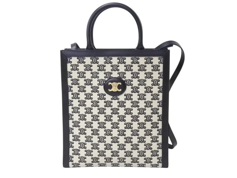 極美品 CELINE セリーヌ トートバッグ トリンオフ スモールバーティカルカバ 194352CS8.38NO カーフスキン キャンバス ブラック ホワイト 中古 4b003460