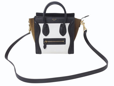 CELINE セリーヌ ハンドバッグ ショルダーバッグ 2way ラゲージナノショッパー カーフ ブラック ホワイト カーキ 美品 中古 4b003461
