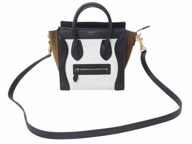 CELINE セリーヌ ハンドバッグ ショルダーバッグ 2way ラゲージナノショッパー カーフ ブラック ホワイト カーキ 美品 中古 4b003461
