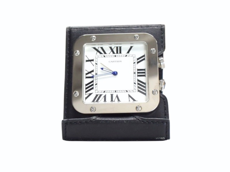 CARTIER カルティエ サントス トラベルクロック 置き時計 スイス製 レザー ステンレス W0100151 ホワイト 美品 中古 4b003500