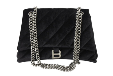 極美品 BALENCIAGA バレンシアガ クラッシュ チェーン ショルダーバッグ ミディアム ブラック ベロア 716393 シルバー金具 ロゴ 中古 4b003556