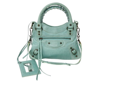 BALENCIAGA バレンシアガ サック クラシック ミニ 2WAY ミニバッグ ターコイズブルー アンティークゴールド金具 美品 中古 4b003568