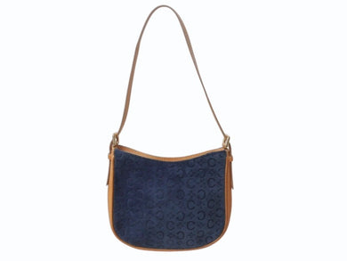 CELINE セリーヌ ワンショルダーバッグ CE00/12 マカダム スウェード レザー ネイビー ブラウン ゴールド金具 美品 中古 4b003572