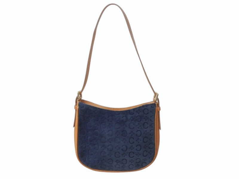 CELINE セリーヌ ワンショルダーバッグ CE00/12 マカダム スウェード レザー ネイビー ブラウン ゴールド金具 美品 中古 4b003572