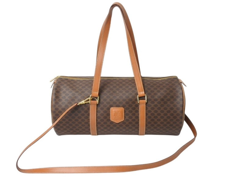 CELINE セリーヌ マカダム 2WAYバッグ ショルダーバッグ ボストンバッグ ハンドバッグ PVC レザー ブラウン ゴールド 美品 中古 4b003576