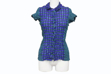 me ISSEY MIYAKE ミー イッセイミヤケ チェック柄 プリーツ加工 半袖シャツ MI02FK667 日本製 グリーン 美品 中古 4b003827