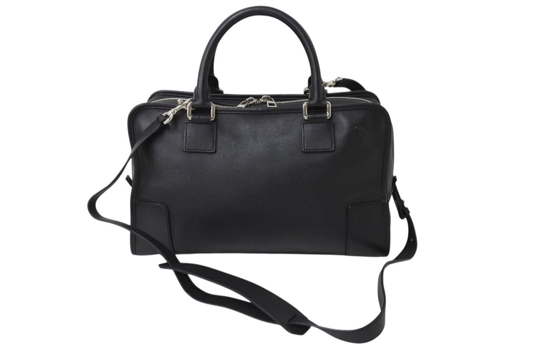 LOEWE ロエベ アマソナ36 ハンドバッグ 2WAY アナグラムロゴ エンボス加工 レザー ブラック シルバー金具 美品 中古 4b003901