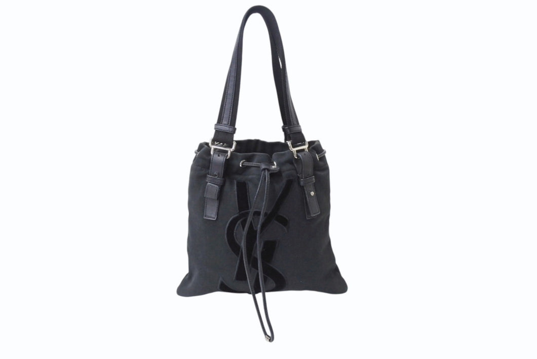 YVES SAINT LAURENT イヴサンローラン カハラ ハンドバッグ 123435 キャンバス レザー ブラック ロゴ刺繍 美品 中古 4b003937