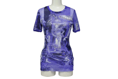 JEAN PAUL GAULTIER MAILLE ジャンポールゴルチエ マイユ 総柄 半袖 パワーネット ブルー 人物柄 ナイロン メッシュ サイズM 美品 中古 4b004065