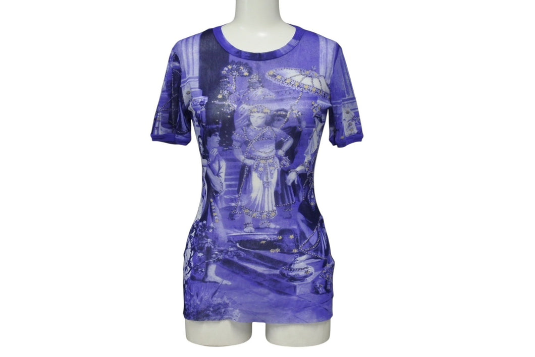 JEAN PAUL GAULTIER MAILLE ジャンポールゴルチエ マイユ 総柄 半袖 パワーネット ブルー 人物柄 ナイロン メッシュ サイズM 美品 中古 4b004065