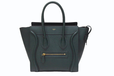 極美品 CELINE セリーヌ ラゲージ マイクロショッパー ハンドバッグ イタリア製 レザー ダークグリーン ゴールド金具 中古 4b004197